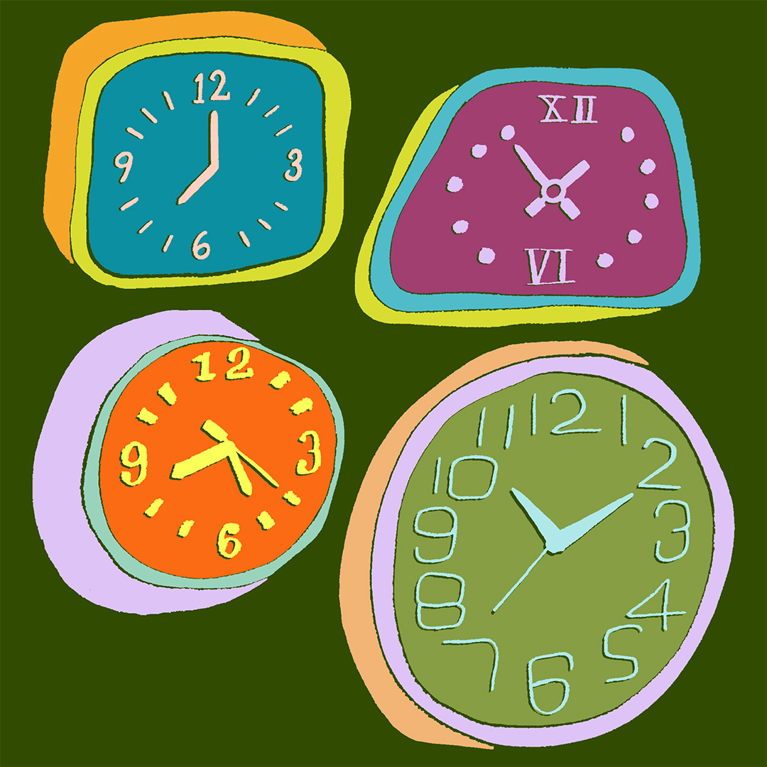 illustration of four retro analog clocks
