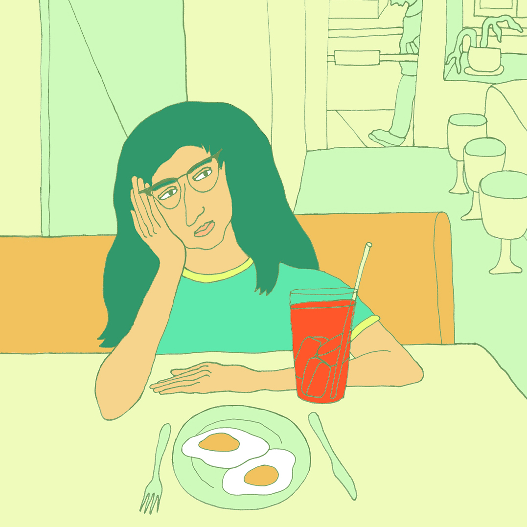 illustration of a woman sitting in a diner leaning her head on her hand