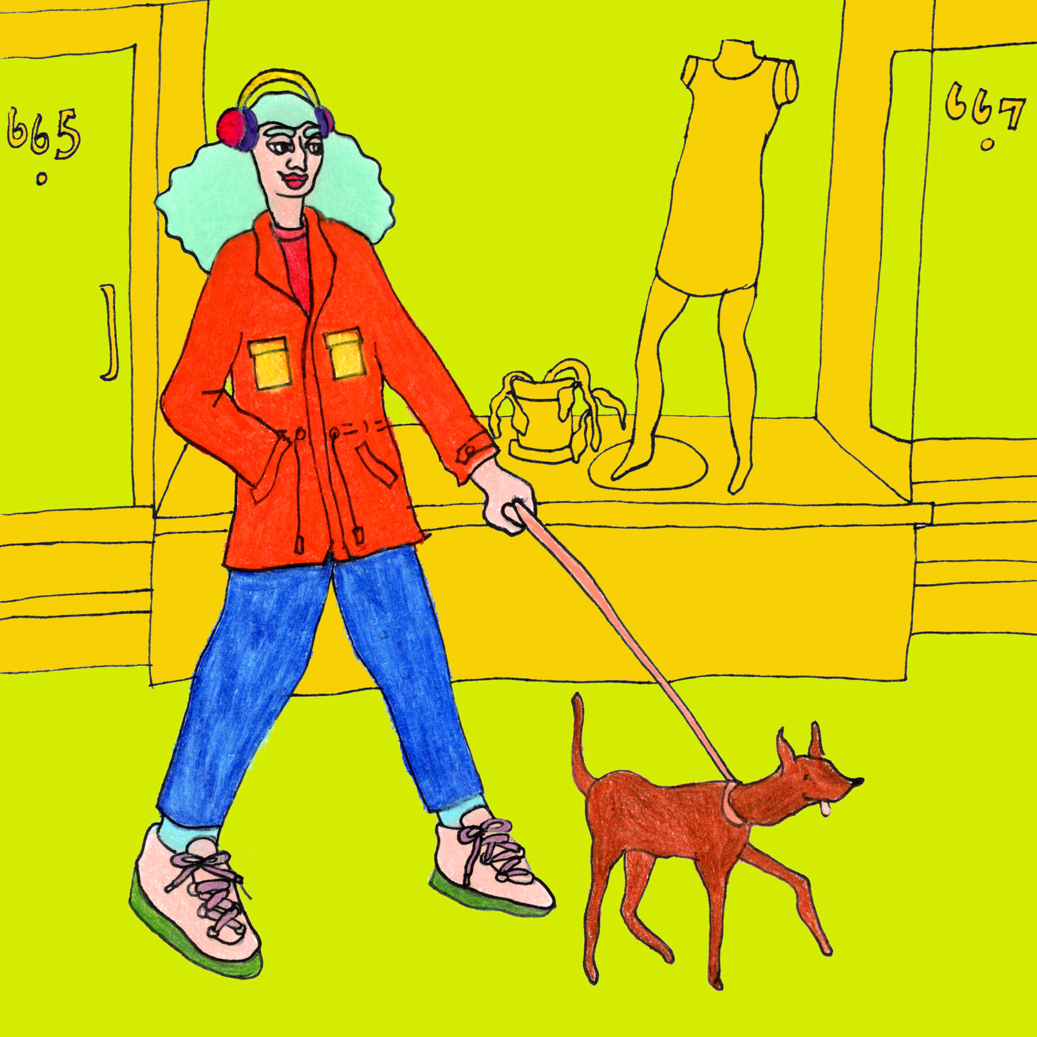 illustration of a woman walking a little dog