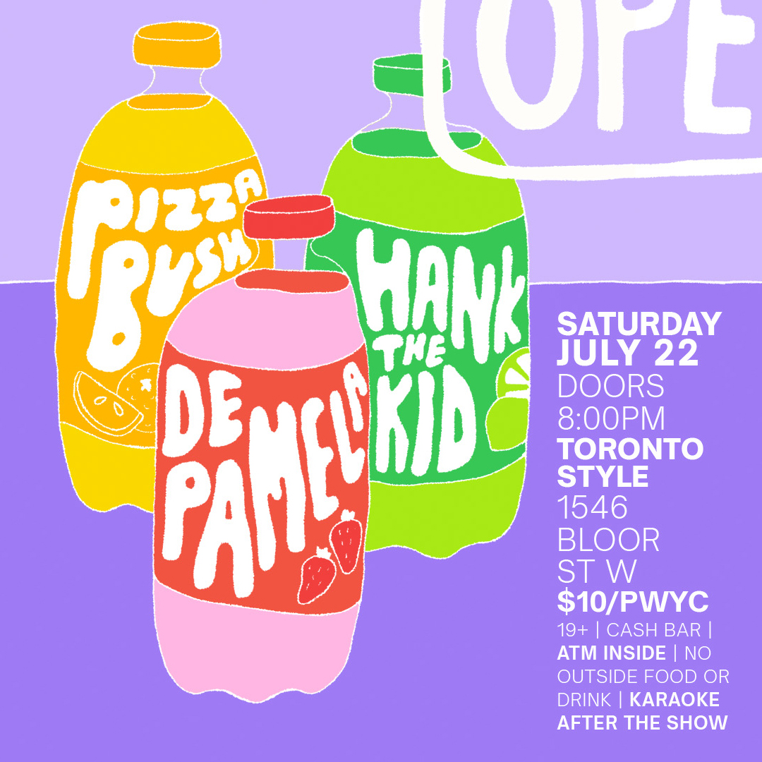 poster featuring three big bottles of pop in a store window