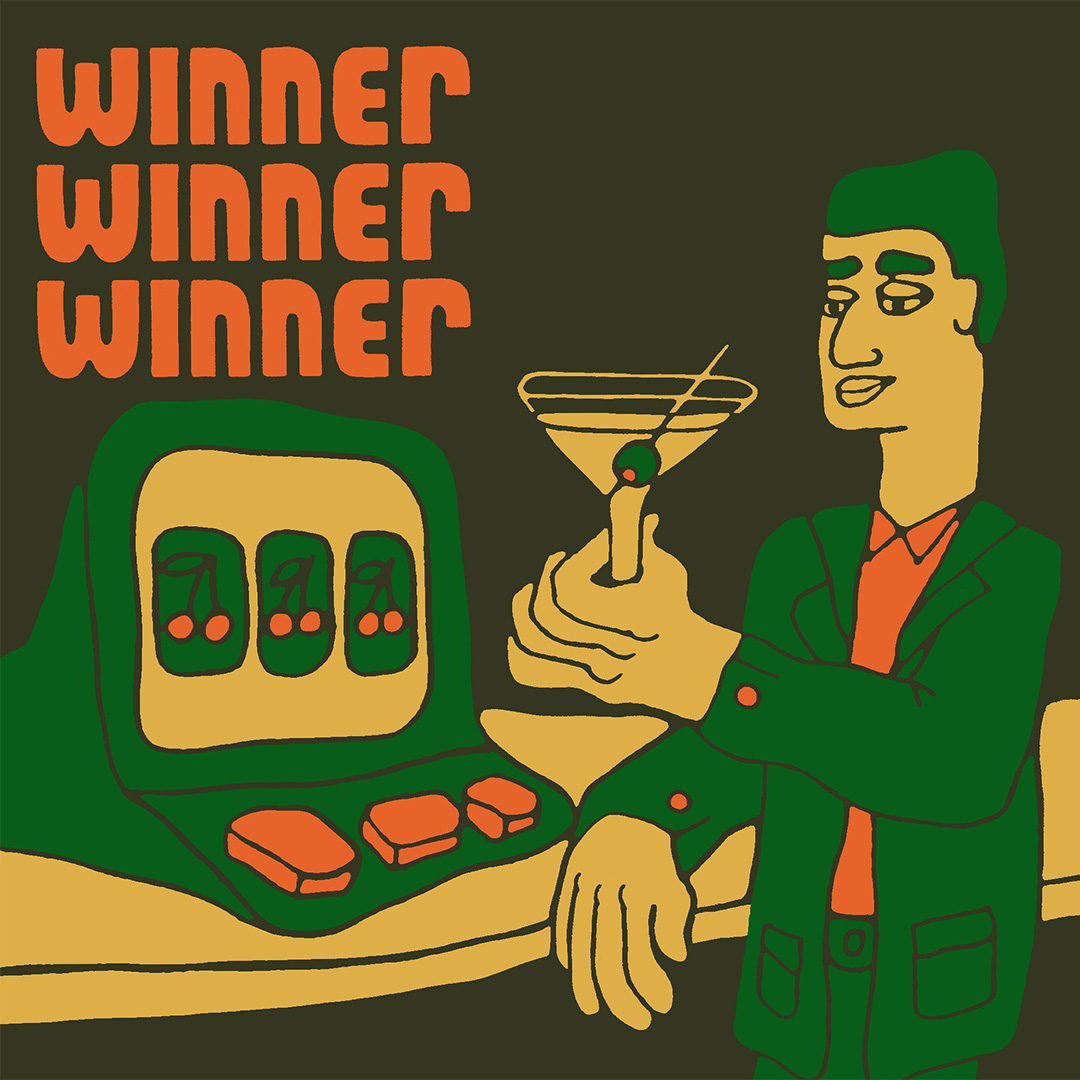 illustration featuring a man next to a video loterry terminal with the text winner winner winner